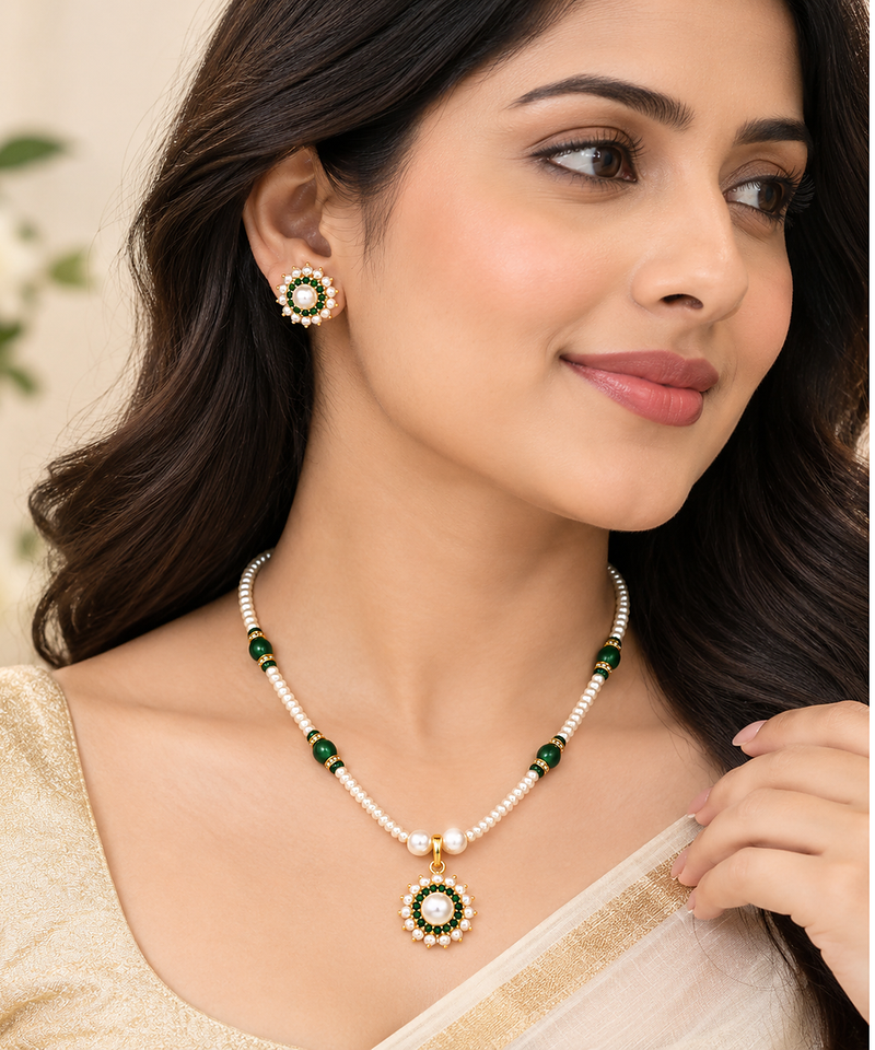 Natural pearls Set with green onyx stones pendant set 