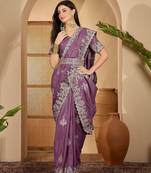 Lavender embroidered sarees with waist belt & unstitched blouse piece
