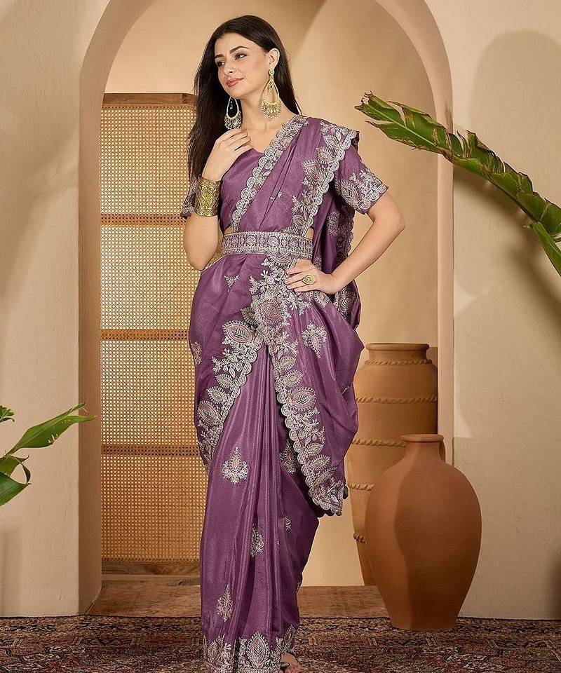Lavender embroidered sarees with waist belt & unstitched blouse piece