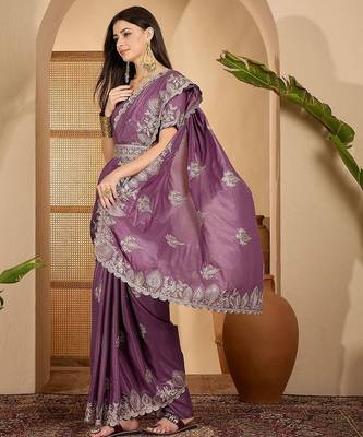 Lavender embroidered sarees with waist belt & unstitched blouse piece 2