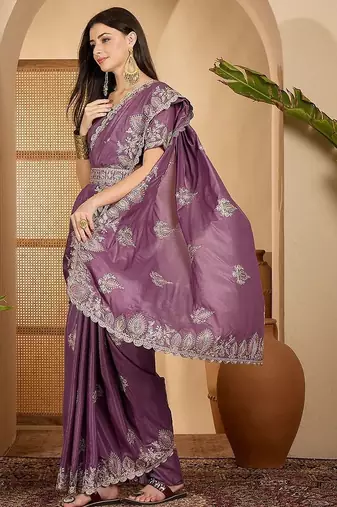 Lavender embroidered sarees with waist belt & unstitched blouse piece