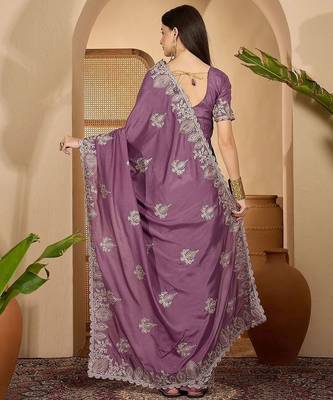 Lavender embroidered sarees with waist belt & unstitched blouse piece 3