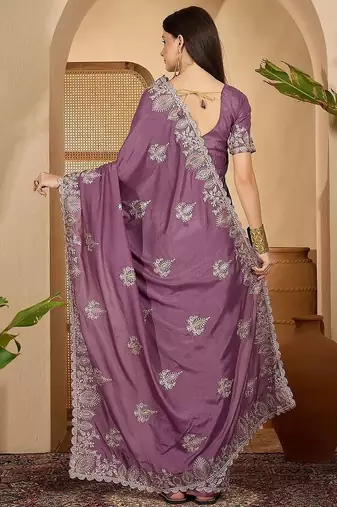Lavender embroidered sarees with waist belt & unstitched blouse piece