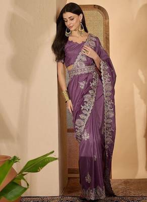 Lavender embroidered sarees with waist belt & unstitched blouse piece 4