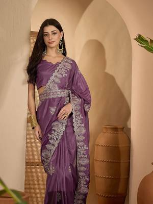 Lavender embroidered sarees with waist belt & unstitched blouse piece 5