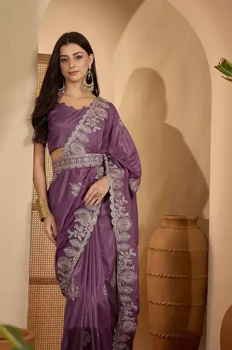 Lavender embroidered sarees with waist belt & unstitched blouse piece