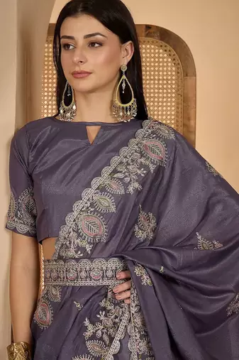 Grey embroidered saree with belt & unstitched blouse