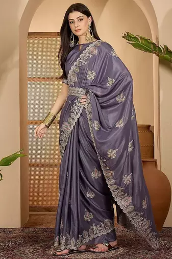 Grey embroidered saree with belt & unstitched blouse