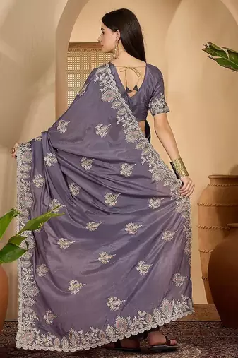 Grey embroidered saree with belt & unstitched blouse