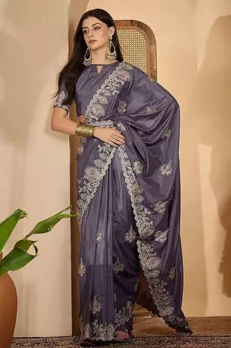 Grey embroidered saree with belt & unstitched blouse