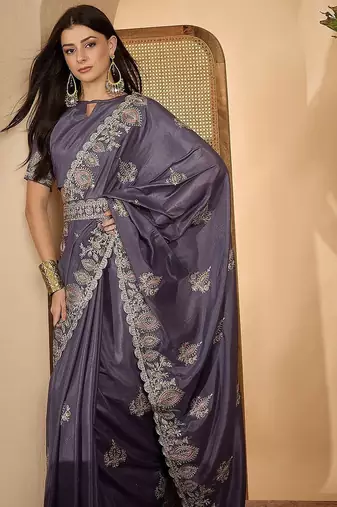 Grey embroidered saree with belt & unstitched blouse