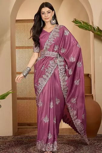 Rose floral embroidered sarees with unstitched blouse piece & belt