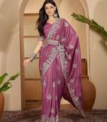 Rose floral embroidered sarees with unstitched blouse piece & belt