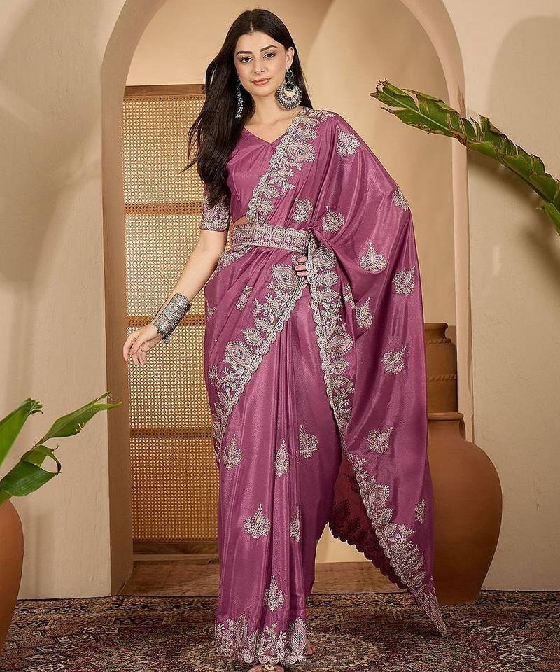 Rose floral embroidered sarees with unstitched blouse piece & belt