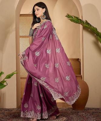 Rose floral embroidered sarees with unstitched blouse piece & belt 2