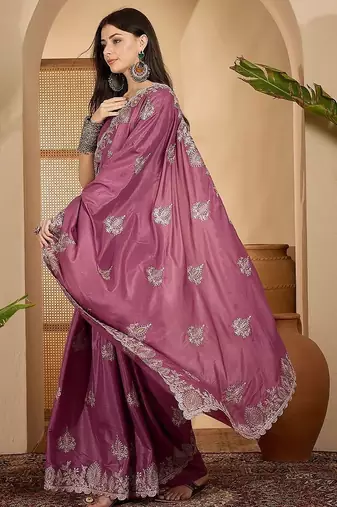 Rose floral embroidered sarees with unstitched blouse piece & belt
