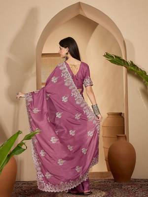 Rose floral embroidered sarees with unstitched blouse piece & belt 3