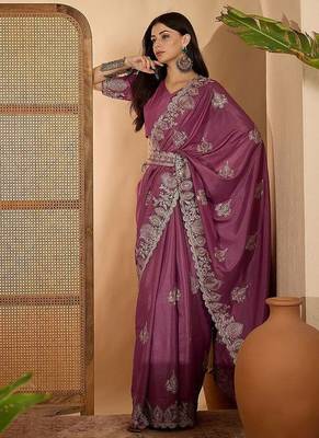 Rose floral embroidered sarees with unstitched blouse piece & belt 4