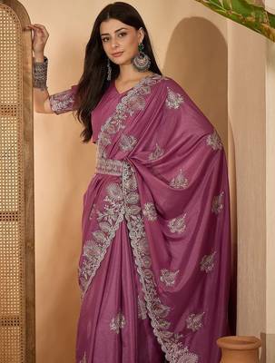 Rose floral embroidered sarees with unstitched blouse piece & belt 5