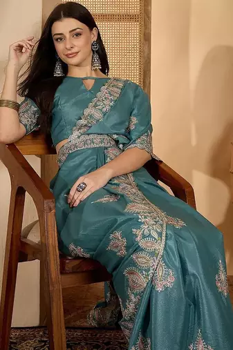 Teal floral embroidered sequinned saree