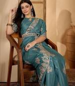 Teal floral embroidered sequinned saree