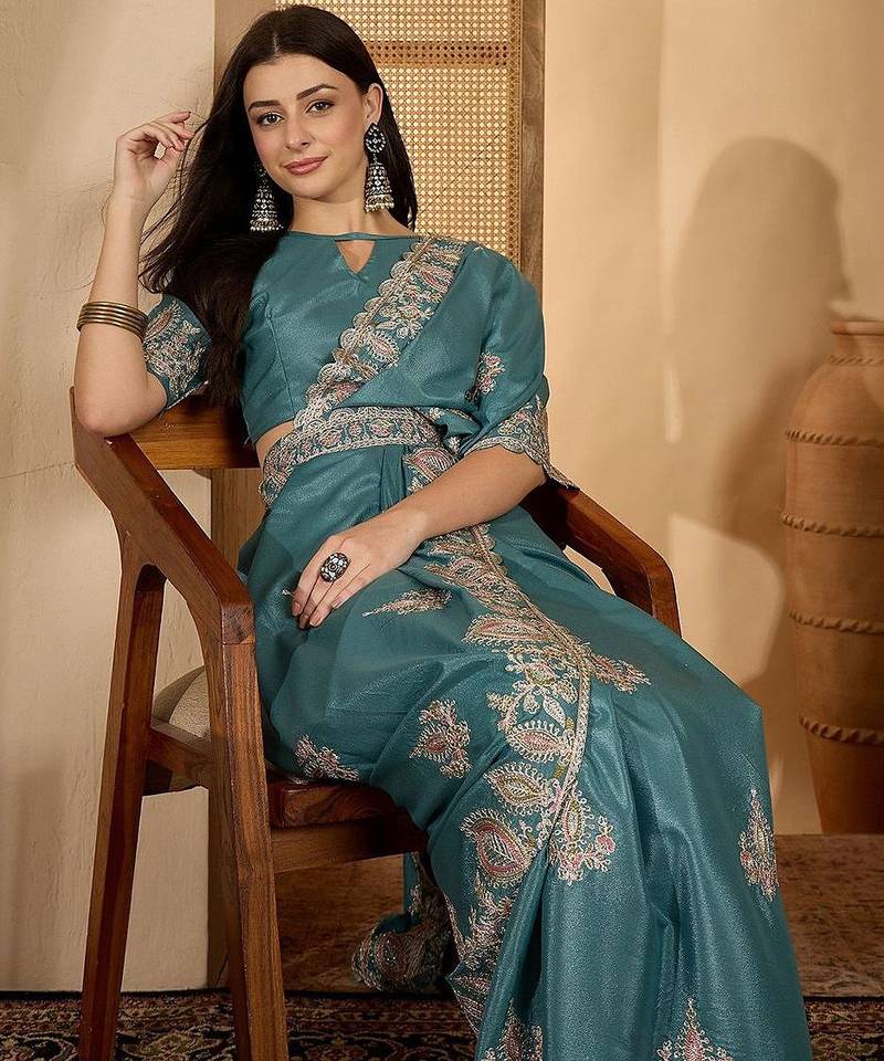 Teal floral embroidered sequinned saree