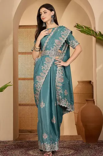 Teal floral embroidered sequinned saree