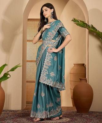 Teal floral embroidered sequinned saree 4