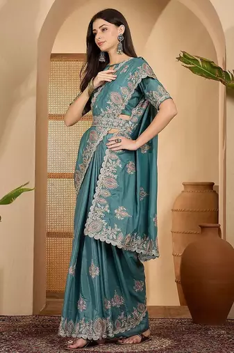 Teal floral embroidered sequinned saree