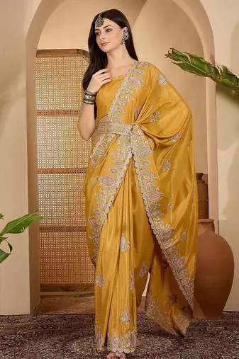 Mustard embroidered saree with blouse piece & belt
