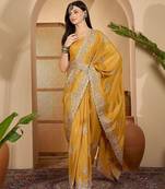 Mustard embroidered saree with blouse piece & belt