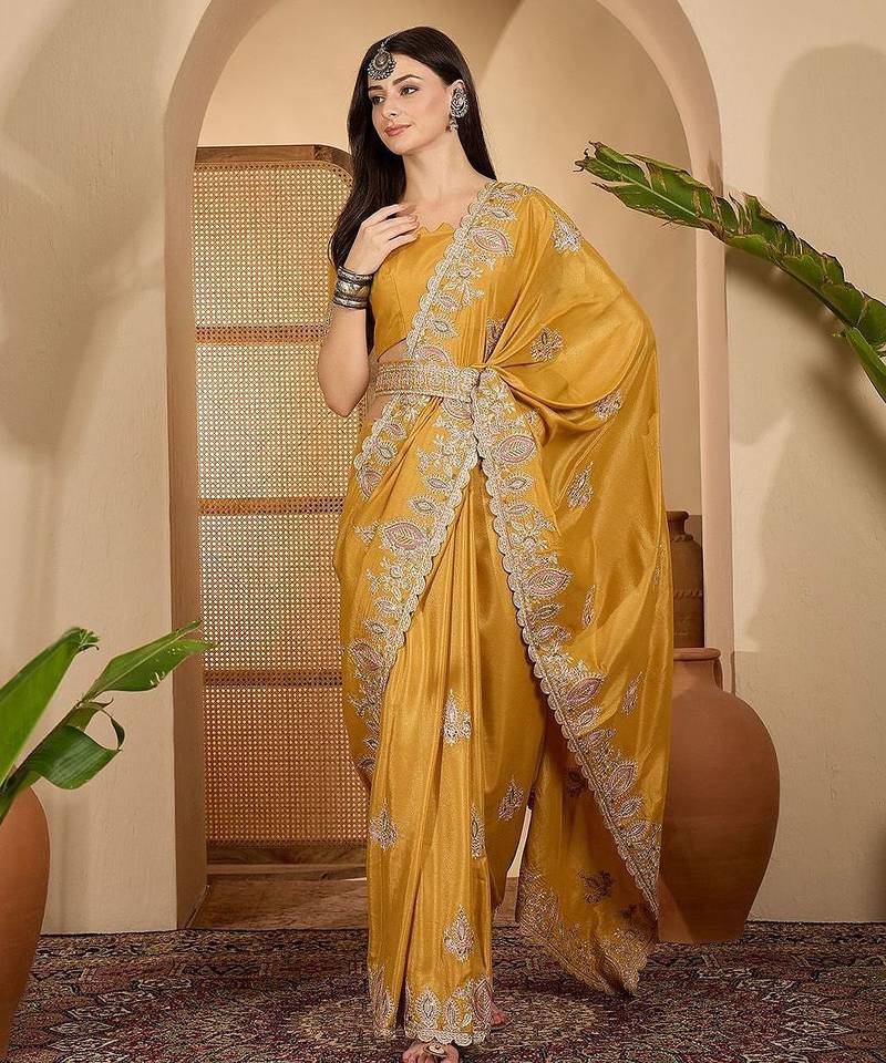 Mustard embroidered saree with blouse piece & belt