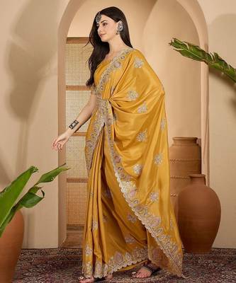 Mustard embroidered saree with blouse piece & belt 2