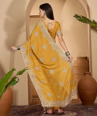 Mustard embroidered saree with blouse piece & belt 3