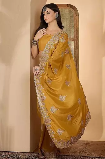 Mustard embroidered saree with blouse piece & belt