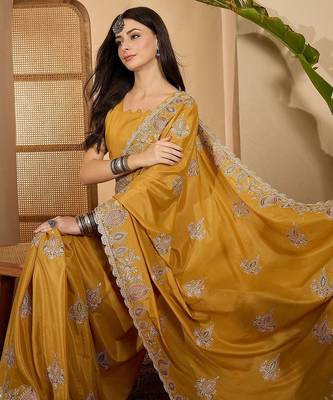 Mustard embroidered saree with blouse piece & belt 5