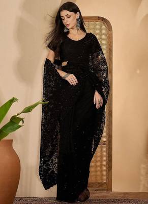 Black embroidered saree with blouse piece 4