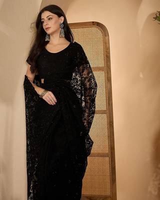 Black embroidered saree with blouse piece 5