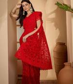 Red floral embroidered sequinned sarees with waist belt & unstitched blouse piece