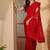 Red floral embroidered sequinned sarees with waist belt & unstitched blouse piece