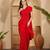Red floral embroidered sequinned sarees with waist belt & unstitched blouse piece