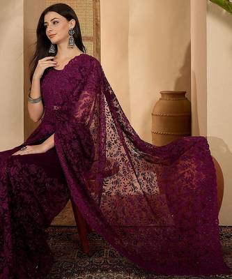Purple embroidered saree with belt & unstitched blouse 1
