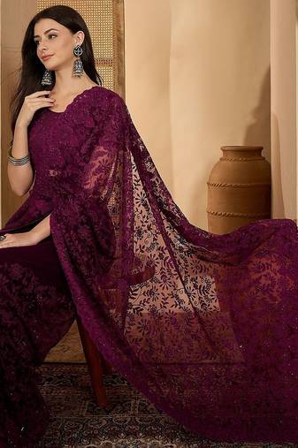 Purple embroidered saree with belt & unstitched blouse