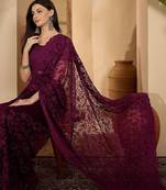 Purple embroidered saree with belt & unstitched blouse