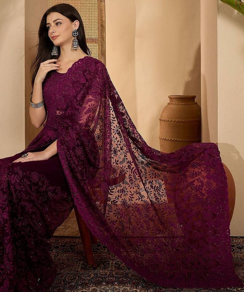 Purple embroidered saree with belt & unstitched blouse