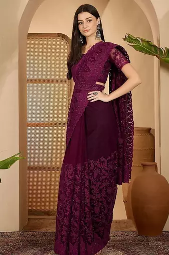 Purple embroidered saree with belt & unstitched blouse