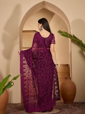 Purple embroidered saree with belt & unstitched blouse 3