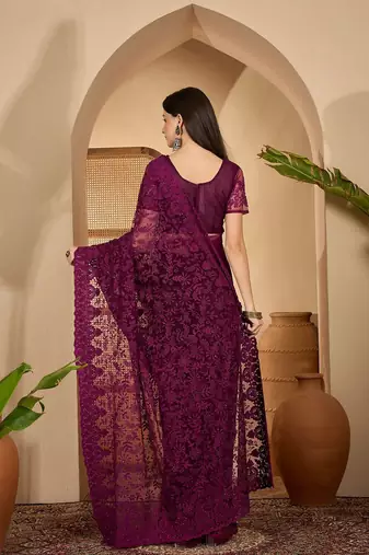 Purple embroidered saree with belt & unstitched blouse