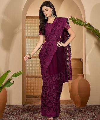 Purple embroidered saree with belt & unstitched blouse 5