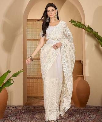 White embroidered saree with belt & unstitched blouse 1